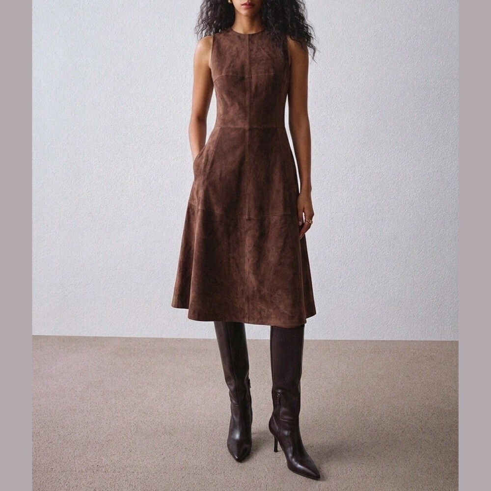 Chocolate Brown Vegan Suede Sleeveless A-Line Midi Dress